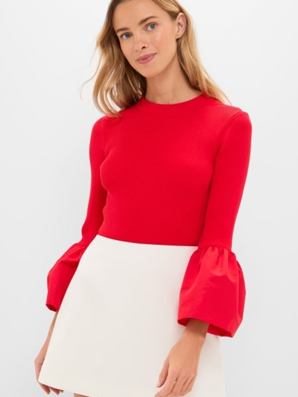 English Factory Red Ribbed Top with Puff Bell Sleeves